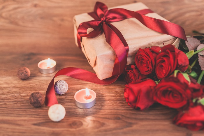 Valentines Day Gift with Red Roses and Candles