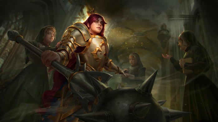 Woman warrior in armor with mace and nuns