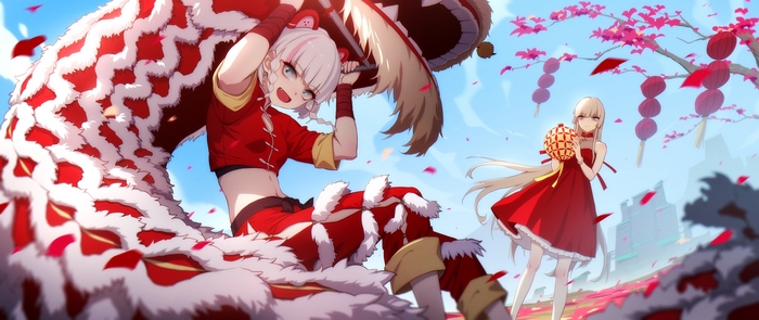 Anime girls in lion dance costume and red dress with lanterns