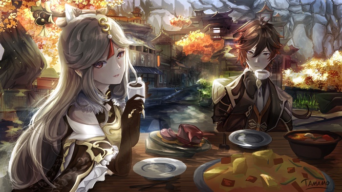 Ningguang and Zhongli from Genshin Impact at a restaurant