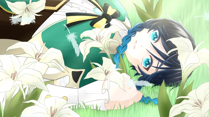Venti from Genshin Impact lying in grass with lilies