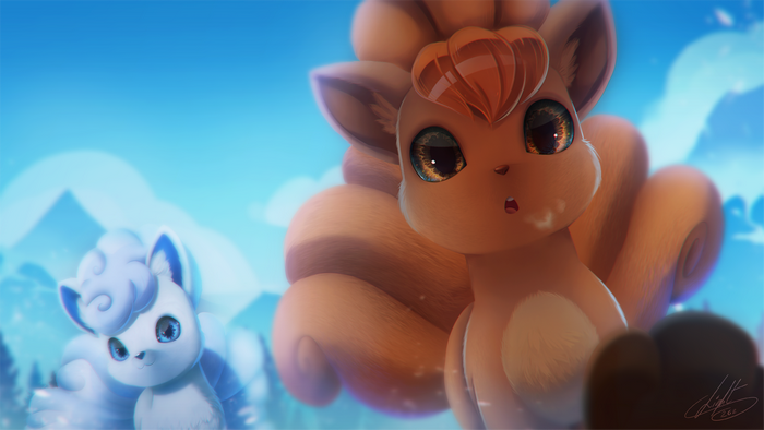 Vulpix and Alolan Vulpix in Serene Landscape