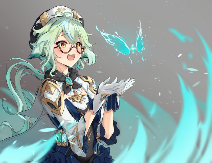 Sucrose from Genshin Impact with a glowing butterfly