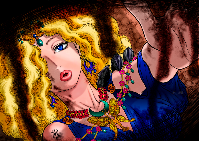 Casca from Berserk with blonde hair and blue eyes