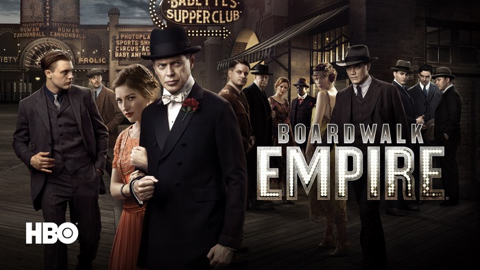 Boardwalk Empire characters on a pier with HBO logo