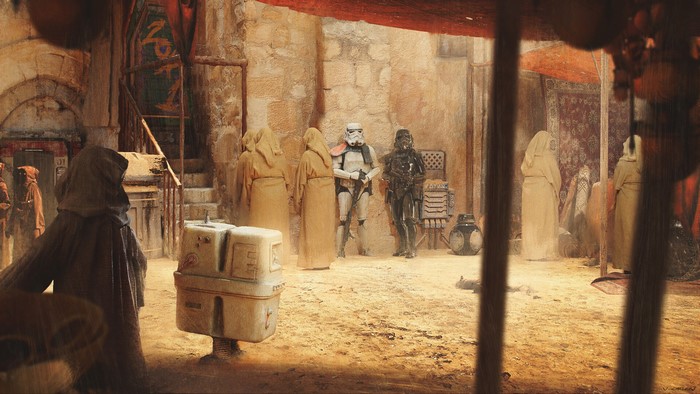 Stormtroopers and Jedha locals on Jedha