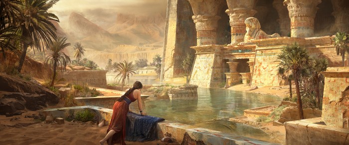 Fantasy Egyptian Scene by Ancient Water Basin
