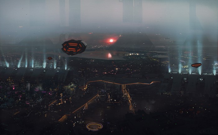 Sci-Fi Cityscape with Flying Vehicles at Sunset