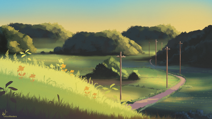 Country road through grassy hills with telephone poles