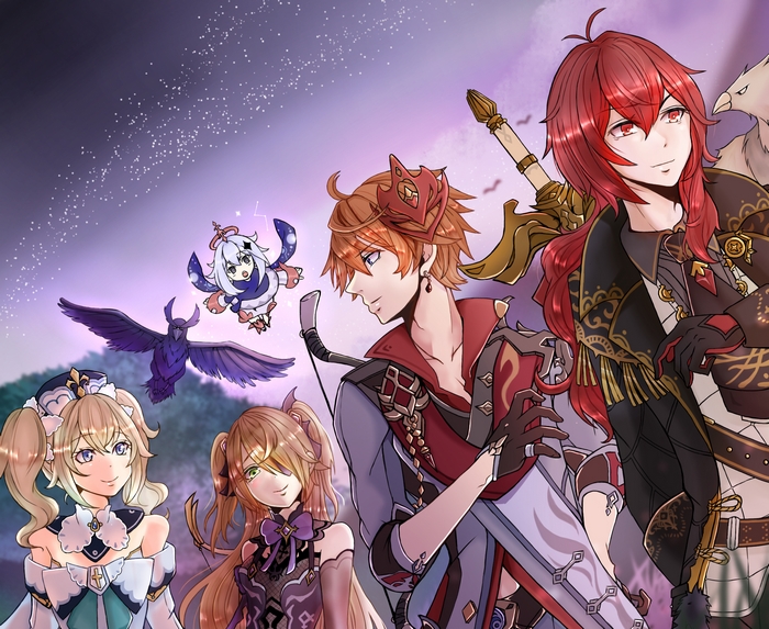 Genshin Impact characters: Diluc, Tartaglia, Barbara, Fischl, and Paimon