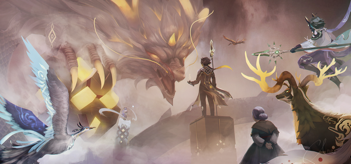 Zhongli, Xiao, and Ganyu from Genshin Impact with a dragon