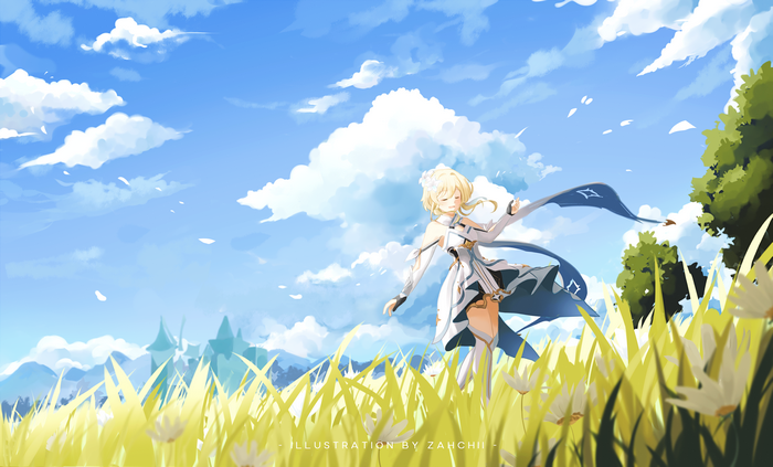 Lumine from Genshin Impact in a grassy field
