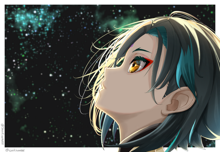 Xiao from Genshin Impact looking up at the stars