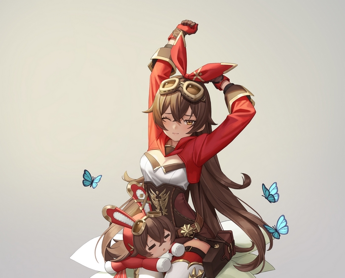 Amber from Genshin Impact with a smaller version of herself