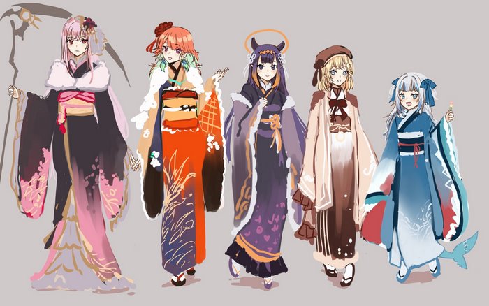 Five Hololive members in kimonos