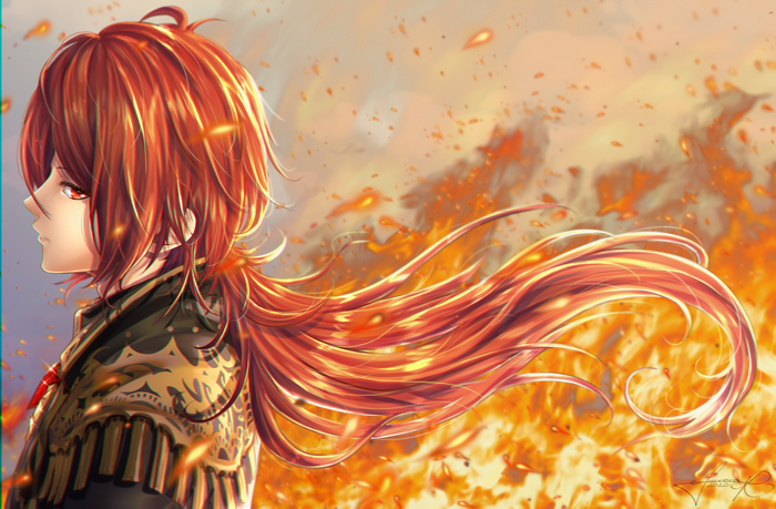 Diluc from Genshin Impact in flames