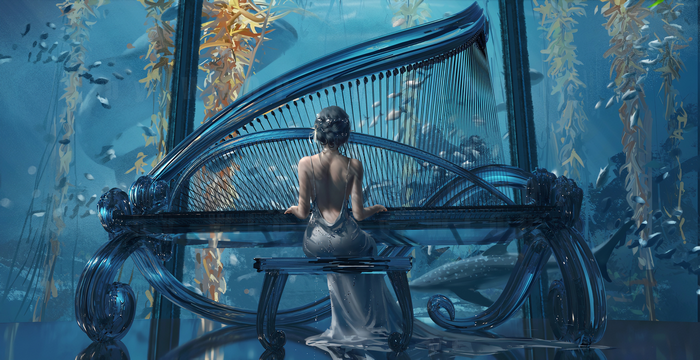 Woman playing a harp in an underwater fantasy setting