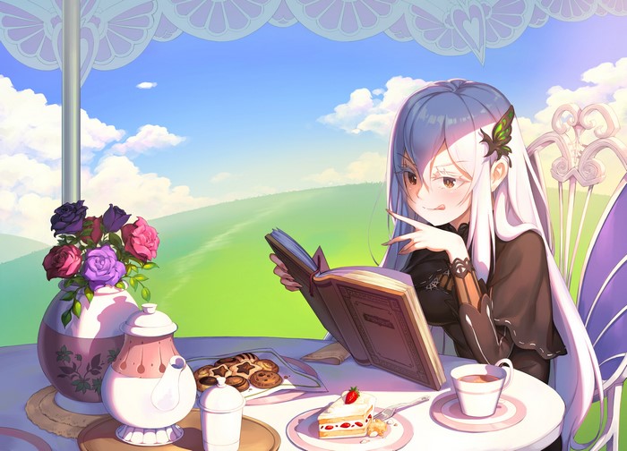 Echidna from Re:ZERO reading a book with tea and cake