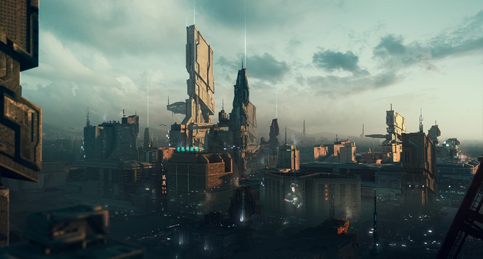 Futuristic Cityscape with Tall Buildings and Flying Vehicles