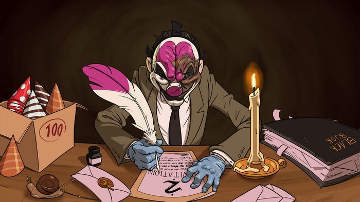 Payday 2 character writing with a quill