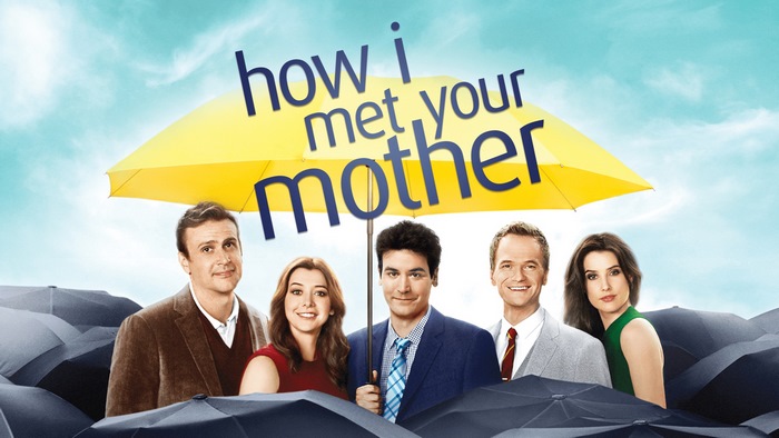 How I Met Your Mother cast under a yellow umbrella