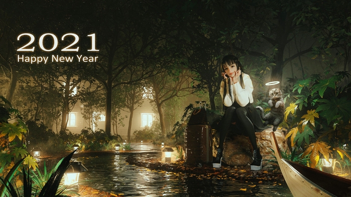 2021 Happy New Year with Girl and Cat