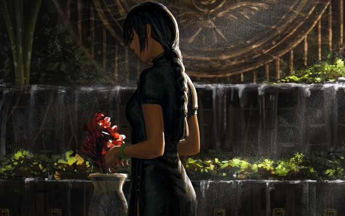 Girl in a black dress with flowers 4K
