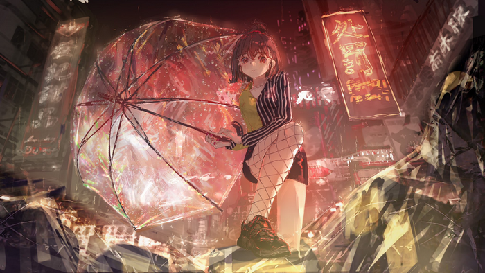 Girl with umbrella in a neon-lit city at night