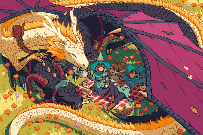Two witches having a picnic with two dragons