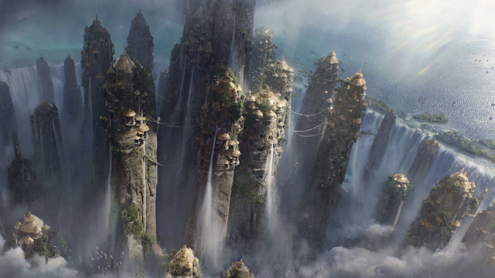 Fantasy city built on rocky spires with waterfalls