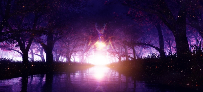 Mystical spirit in a glowing purple forest by the water