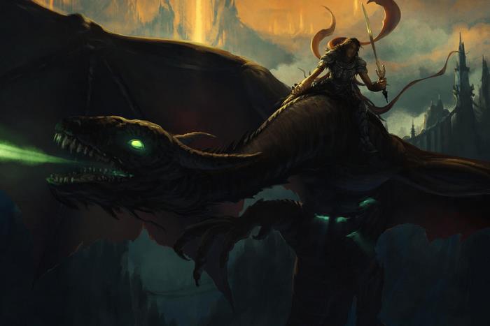 Dragon Rider breathing fire over a dark landscape