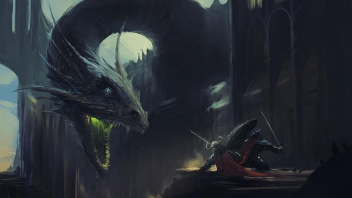 Dragon attacking two knights in a castle