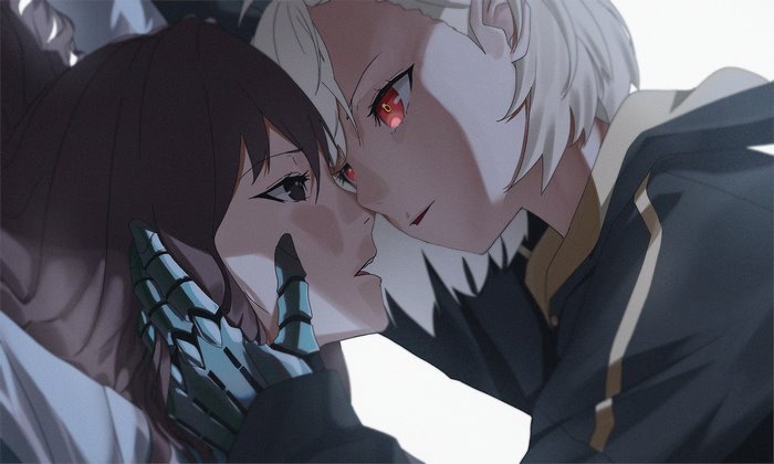Anime couple with red eyes and mechanical hand