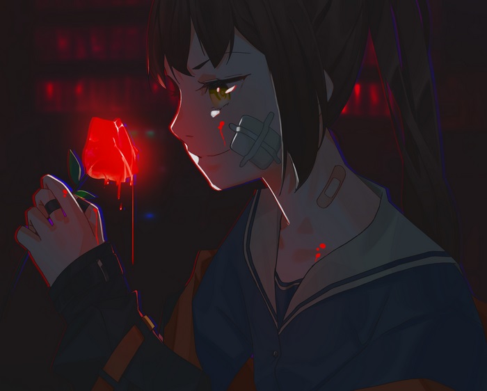 Girl with Bandages Holding a Bloody Rose