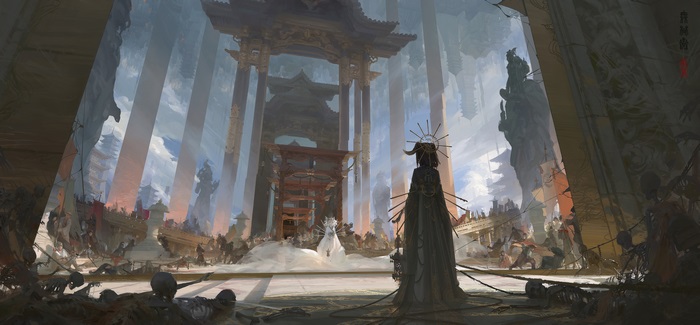 A dark figure with a halo stands before a grand temple.