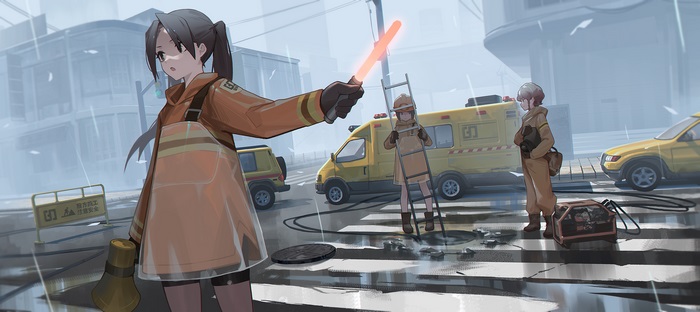Anime girls in construction gear working in the rain