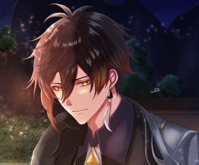 Zhongli from Genshin Impact with yellow eyes