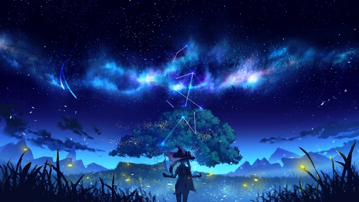 Mona from Genshin Impact under a starry sky