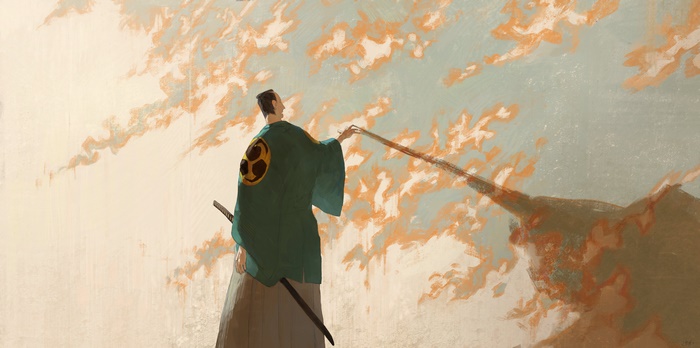 Samurai painting clouds with a stick