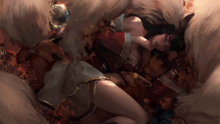 Ahri from League of Legends sleeping with foxes 4K