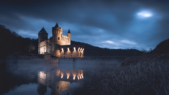 Castle at Night with Reflection