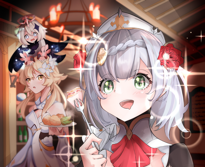 Noelle, Lumine, and Paimon from Genshin Impact