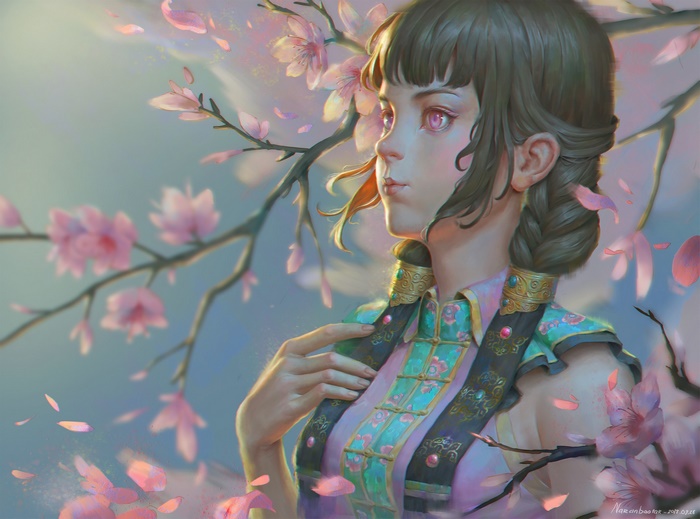 Woman with pink eyes and braided hair among cherry blossoms