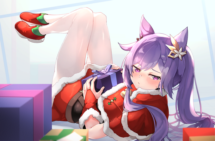 Keqing from Genshin Impact with Christmas gifts