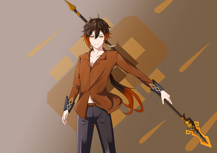 Zhongli from Genshin Impact with a spear