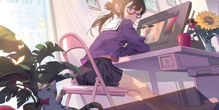 Girl with glasses drawing on a computer with a cat
