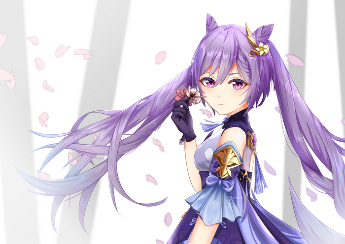 Keqing from Genshin Impact holding a flower