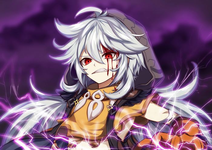 Razor from Genshin Impact with blood and lightning