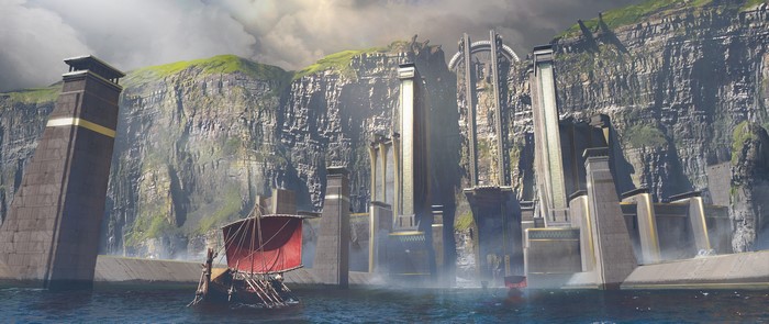 Fantasy City with Boat on Water and Mountains